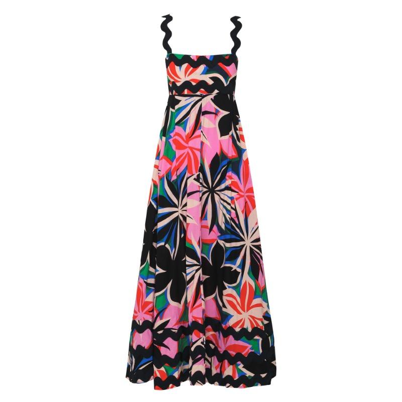 VEZFAA Women's Fashion Summer Spring Flower Pattern Print Sleeveless Suspenders High Waist Casual Dresses