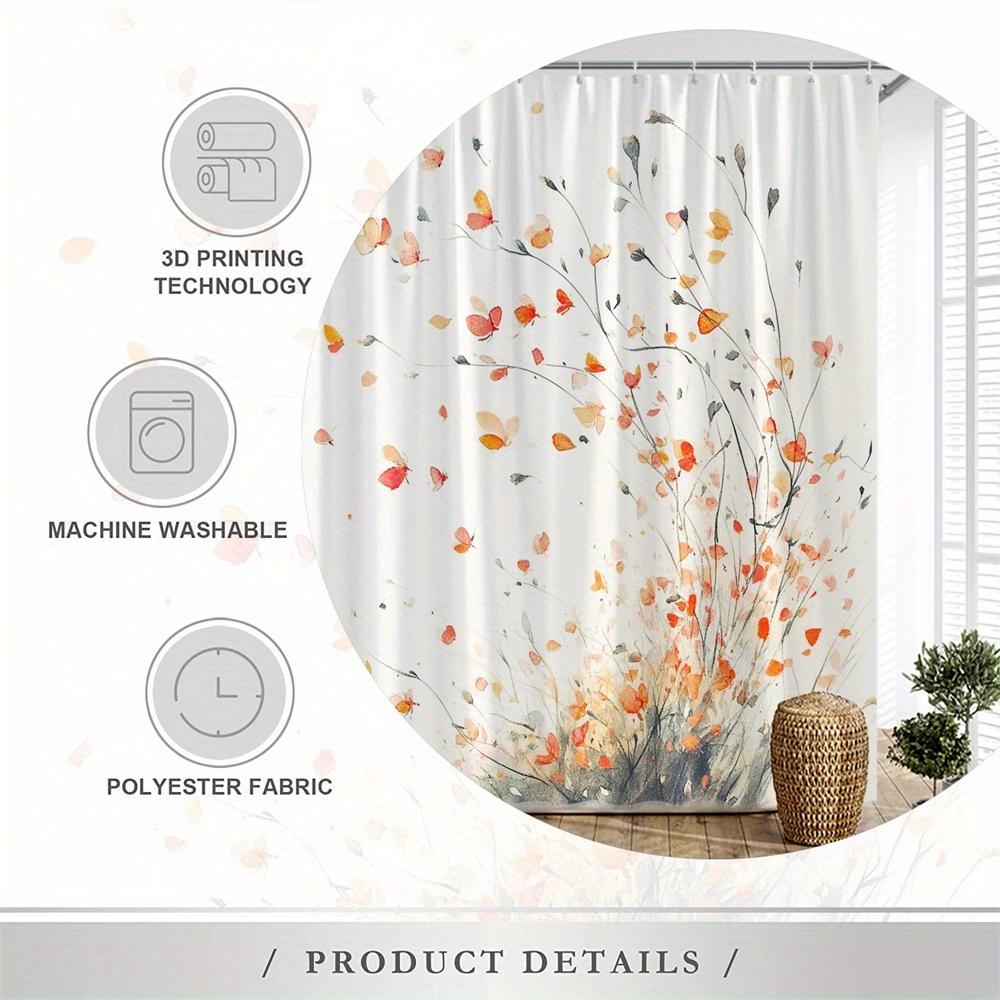 1pc Watercolor Whimsical Tree Shower Curtain - Orange & Red Flowers On Creamy White Background, Polyester Fabric with 12 Hooks,
