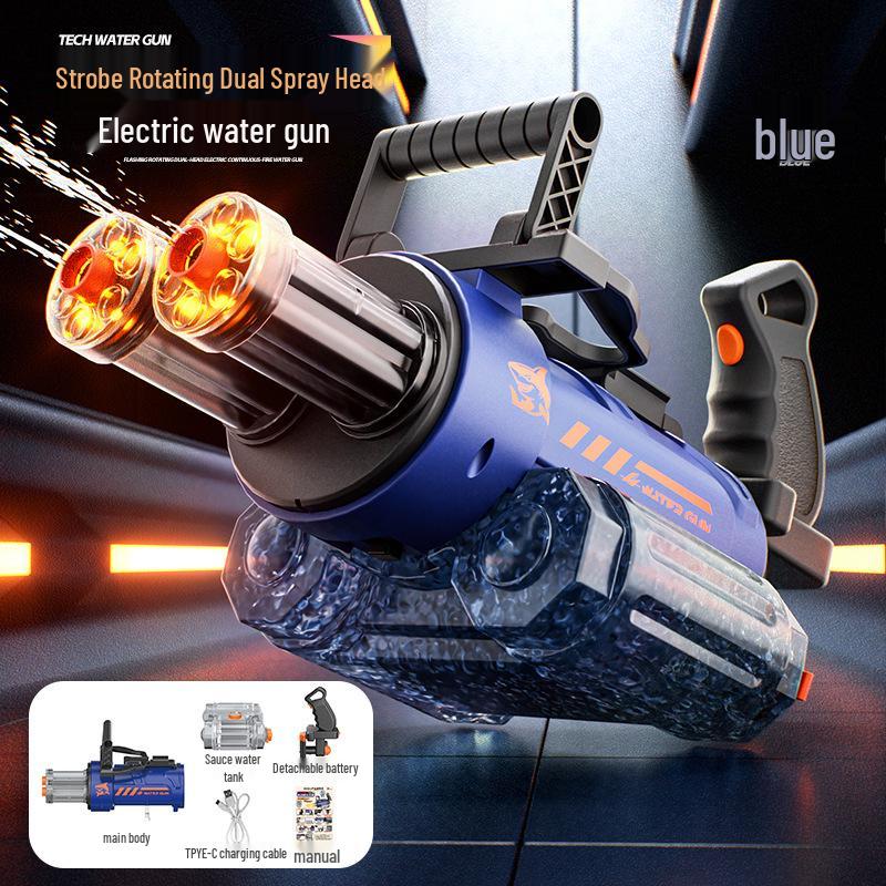 AI-Controlled Double Barrel Rotating Gatling Water Gun with Flashing Lights & Backpack for Kids