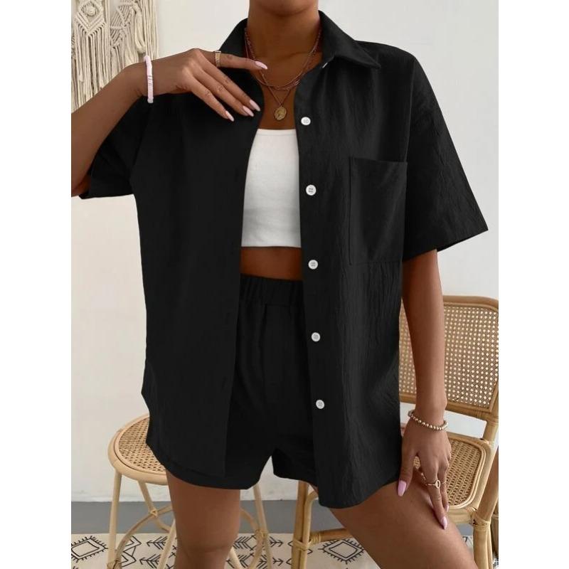 Cotton and Linen Fashion Set, Solid-color Pocket Patch Off-the-shoulder Shirt and Shorts, Solid-color Short-sleeved Shirt