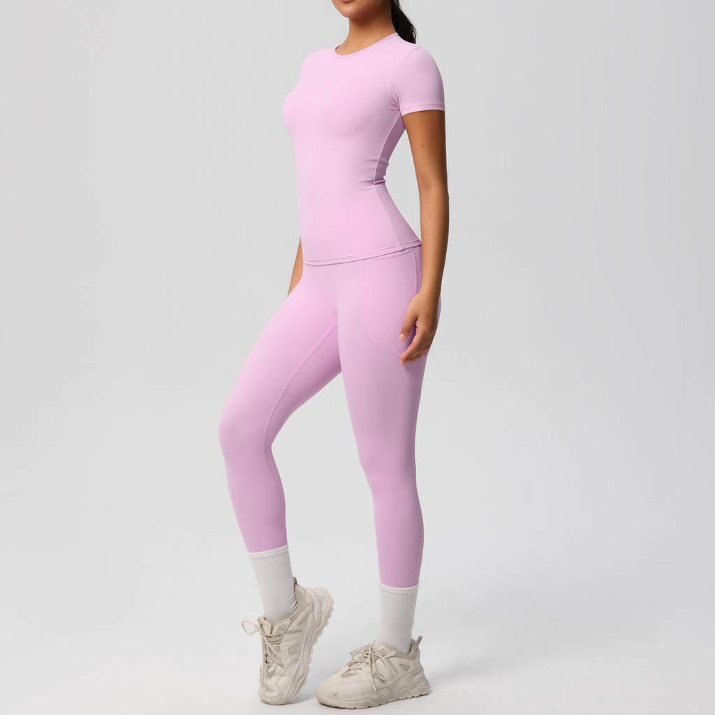 Solid Color Double-sided Brushed Breathable High Elasticity Tight Yoga Suit Set, Sports Running Fitness Two-piece Set