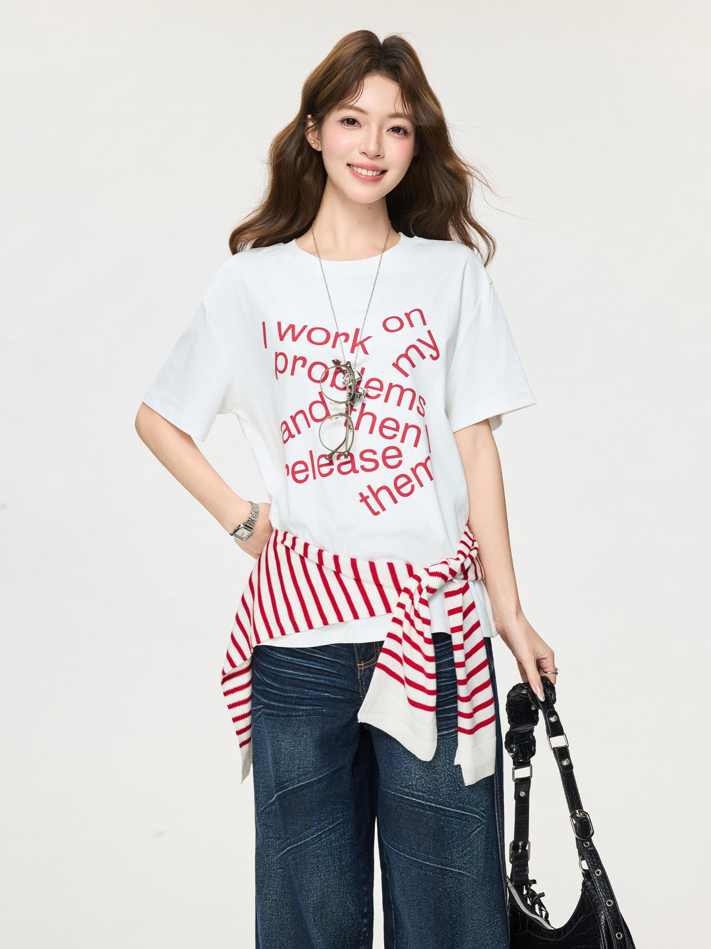 

Korean beige letter print front shoulder crew neck loose short-sleeved t-shirt women s summer new chic top One size fits all