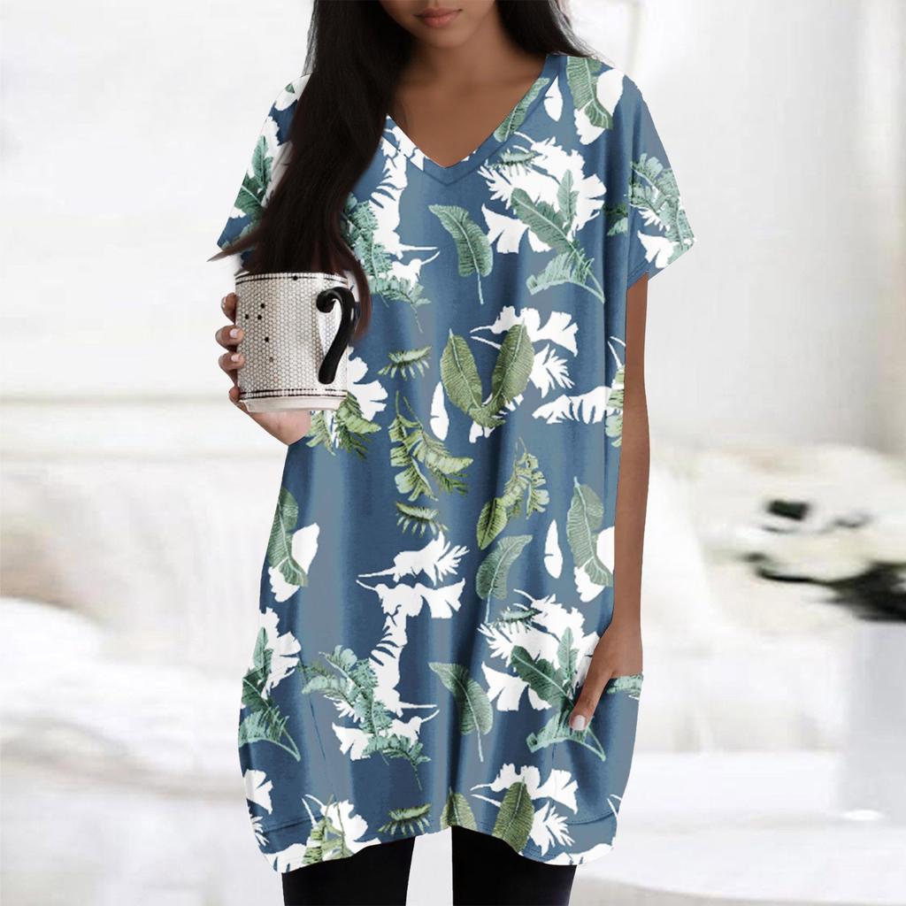 Womens Tops V-neck Short Sleeve Blouses Casual Mid-length Shirts Fashion Print Tunic Tops With Pockets