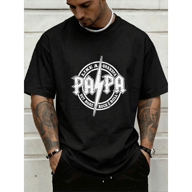 Herren Mode T-Shirt Lässig Street Style Schwarz Kurzarm Oberteil mit Wie Ein Opa Aber Mehr Rock & Roll Pappa Blitzschlag Kreis Grafik