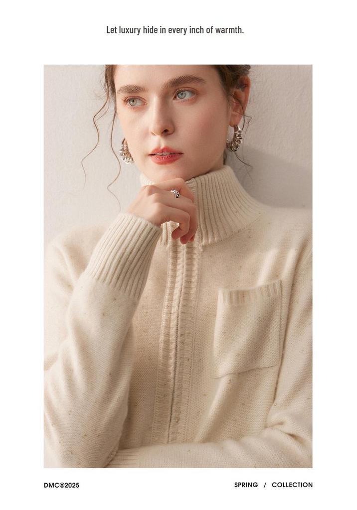 2025 A/W Women's Cashmere Stand Collar Cardigan, Golden Bean Yarn, Double Zipper, Thick Knit with Pockets.