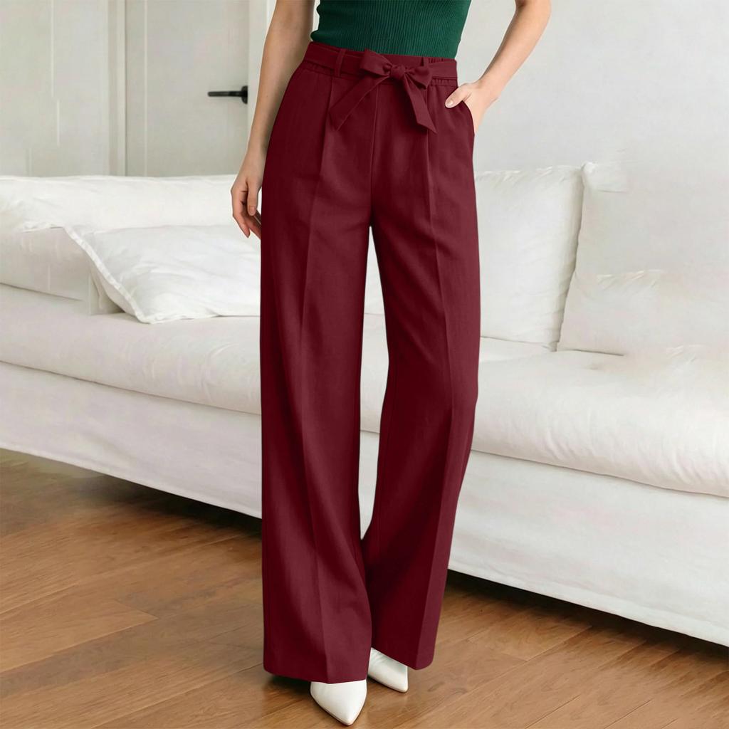 Women's Straight Leg Casual Pants with Slant Pockets and Waist