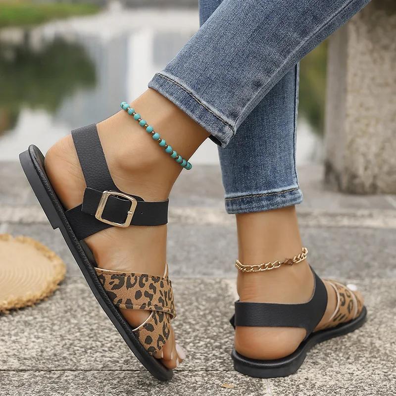 Fashion Fashion Leopard Print Flat Sandals for Women Cross Strap Open Toe Sandal Female Outdoor Anti Slip Soft Bottom Sandalias Mujer