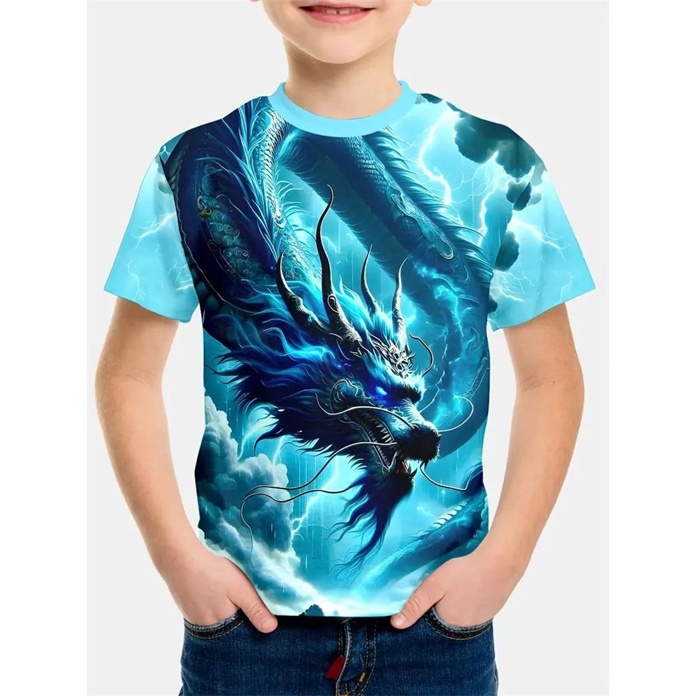 Boys' Summer Crew Neck Kids' Versatile Comfortable T-Shirt with Cool Dragon Pattern Short Sleeve Top