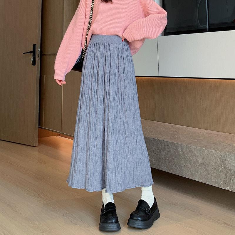 Original Autumn/Winter Folded Half Skirt 2025 Korean Edition High Waist Big Swing Skirt Warm Thick Knitted Wool Skirt Long Skirt