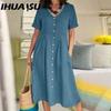 IHUASU Women Summer Casual Cotton V-Neck Short Sleeve Button Dress