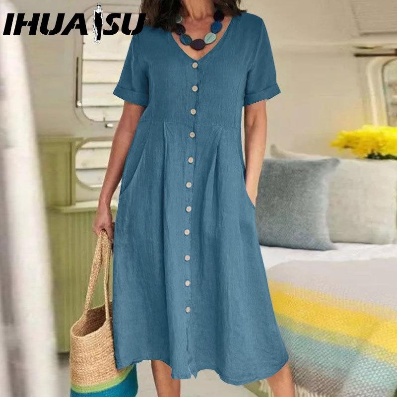 IHUASU Women Summer Casual Cotton V-Neck Short Sleeve Button Dress