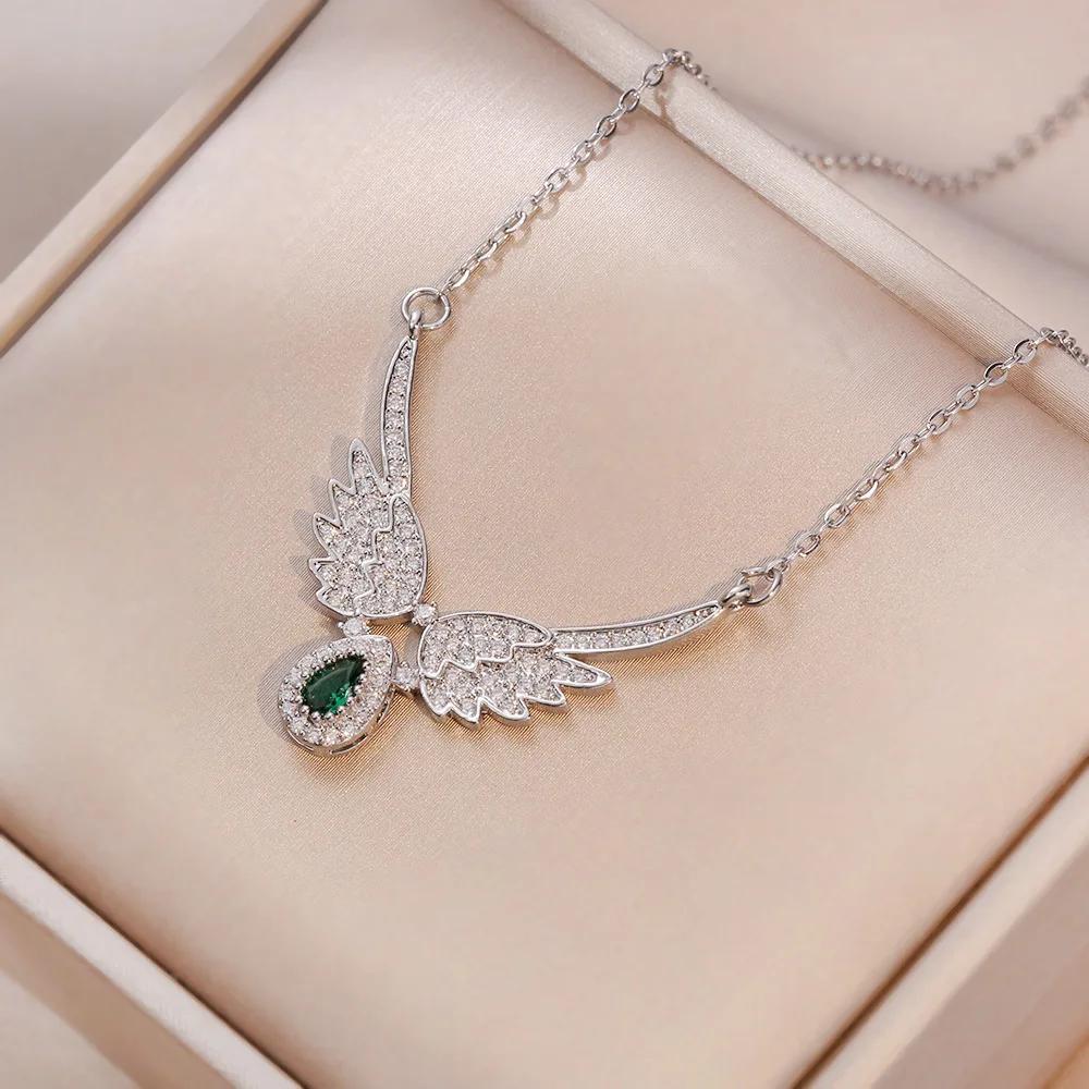 Stylish Exquisite Moonstone Angel Wings Encrusted with Rhinestone Stainless Steel Geometric Collarbone Chain Choker