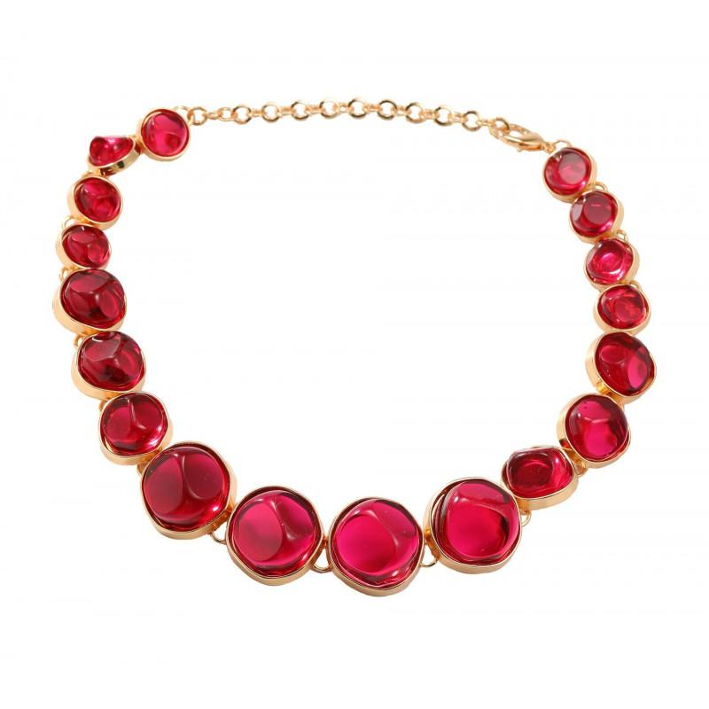 Boho Style Layered Pendant Necklace Women Alloy Resin Geometric Circle Chain Statement Jewelry Ruby Red