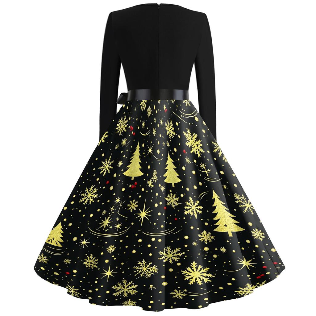 Women's Retro V-Neck Christmas Print Dress with Snowflake and Christmas Tree Pattern