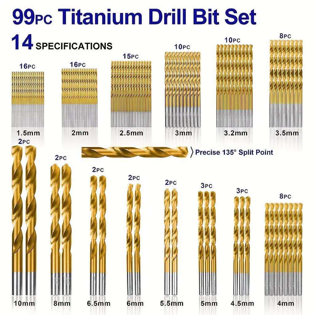 99pcs Titanium Coated Straight Shank Twist Drill Bits Woodworking High Speed Drilling Tools