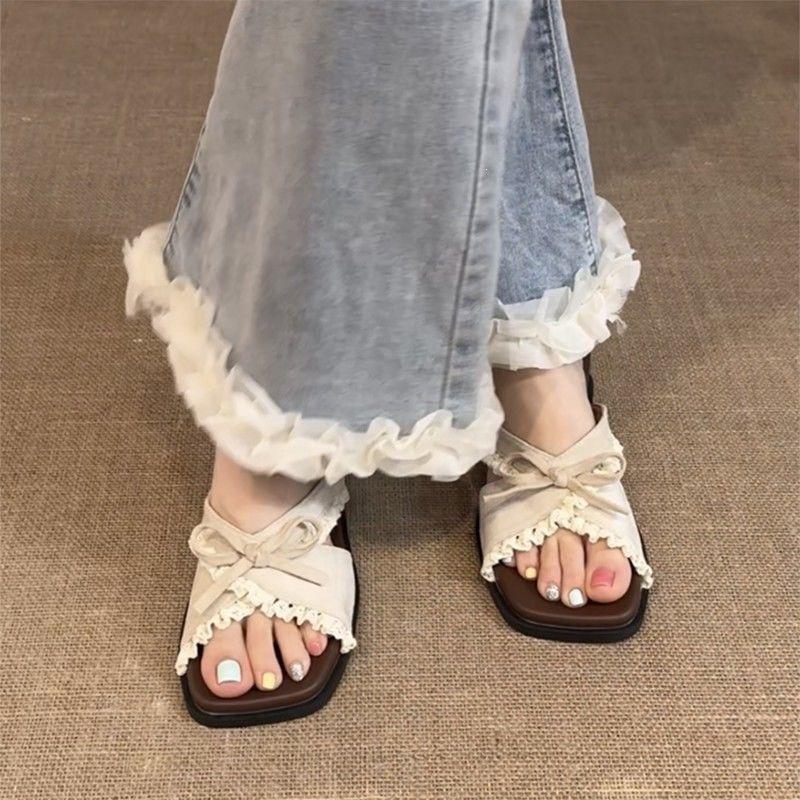 One Pedal Sweet Wind Lace Cross Buckle Bow Slope Heel One-word Drag Women's Summer Non-slip Thick-bottomed Sandals