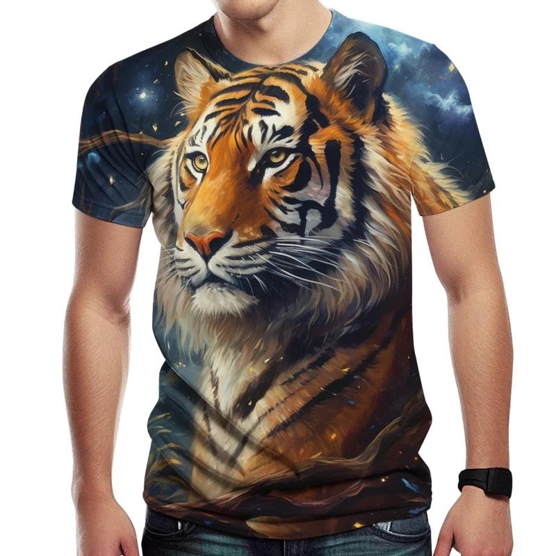 3D Tiger Printed Short Sleeve Crew Neck Men's T-shirts Breathable Stretch Casual Fashion Tee Outdoor Party Weekend Wear Tops