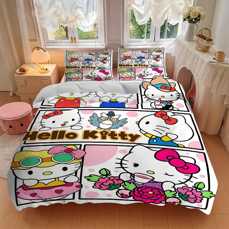 3pcs Hello Kitty Collection Quilt Set Cartoon Themed Bed Quilt Set Lovely Character Bedroom Decor Bed Quilt Set Four Seasons (1 Cover + 2Pillowca