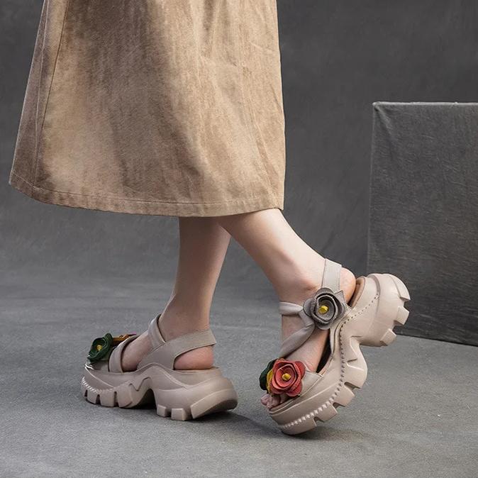 Johnature Retro Flower Peep Toe Platform Sandals Breathable Genuine Leather Versatile Women's Shoes