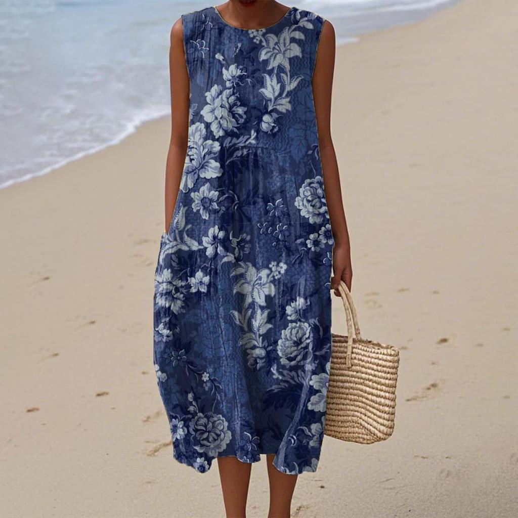 Summer European and American women's new sleeveless seaside vacation D printing dress