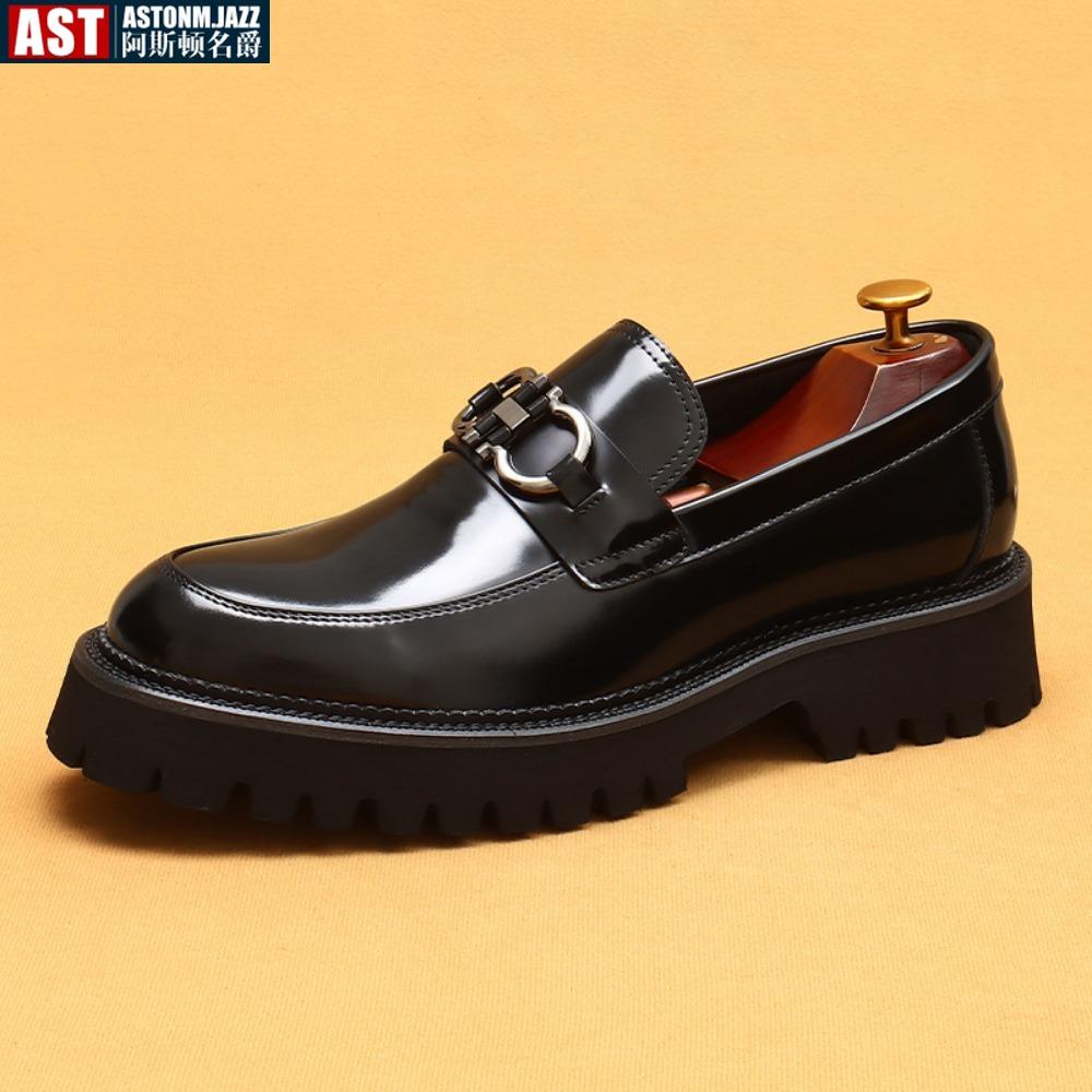 Casual Cowhide Leather Increased Height British Shoes Metal Horsebit Thick-Soled Genuine Leather Shoes for Men Business Formal