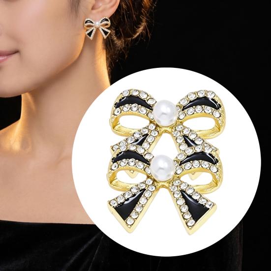 Classy Party Jewelry 1 Pair Sparkly Rhinestone Bow Knot Stud Earrings for Women, Faux Pearl Romantic Date Night Accessories Ribbon Earrings, Statement