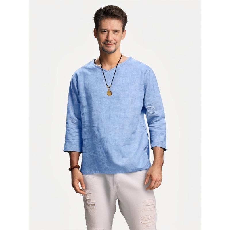 Summer Shirt Top Men's Three-quarter Sleeve V-neck Cotton and Linen Loose Shirt