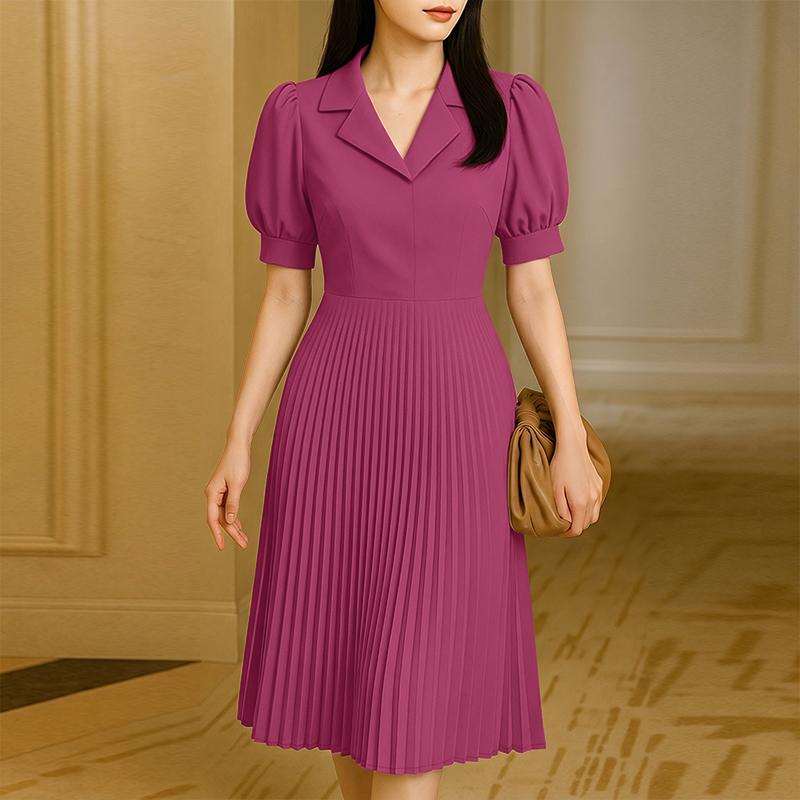 ZANZEA Women Elegant Turn Down Collar Casual Short Sleeve Pleated Dress