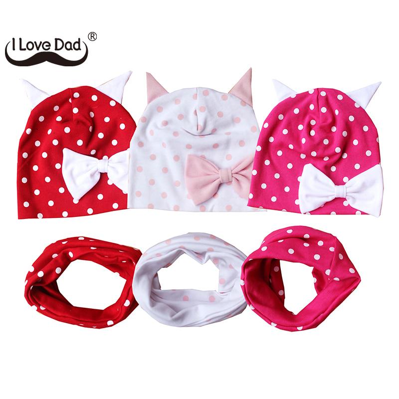 

Мягкий хлопок Baby Hat Шарф Установить Dot Печати Осень Зимние Дети Шапки Шарфы Уши Уши Девушки вязать Beanies Детские аксессуары