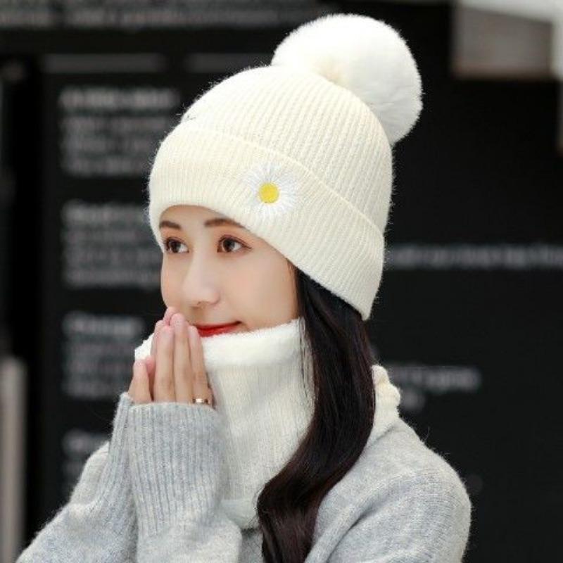 Winter Knitted Scarf Hat Set Thick Warm Skullies Beanies Hats for Women Outdoor Cycling Riding Ski Bonnet Caps Tube Scarf Rings