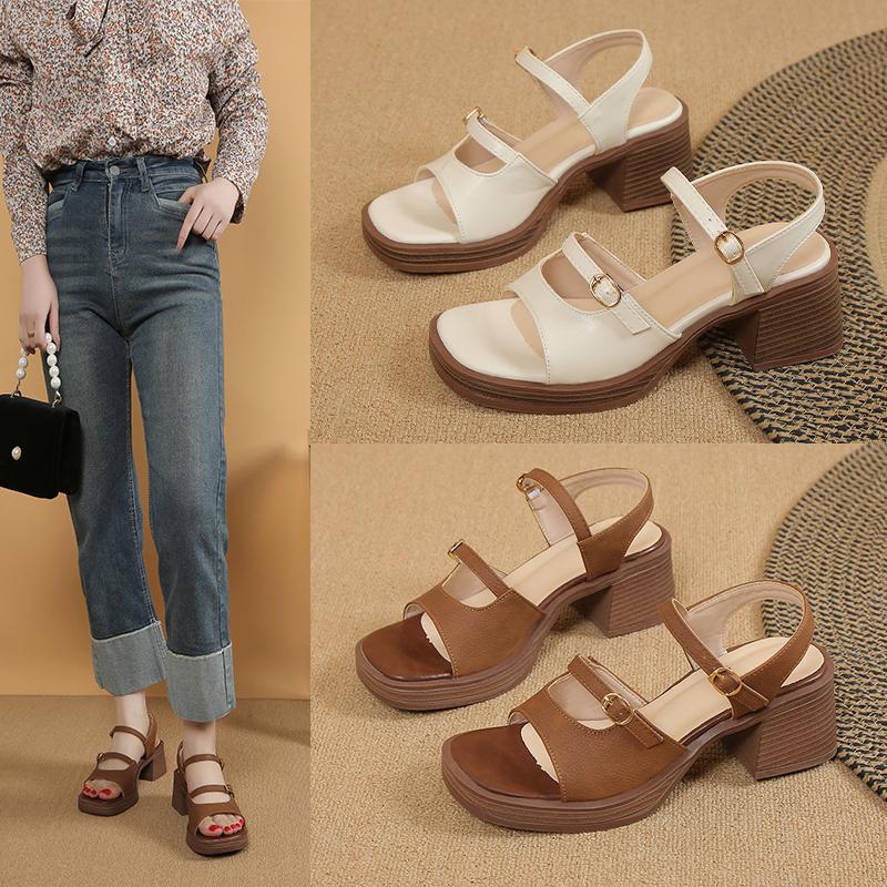 Fashion 2024 New Retro Genuine Leather Women's Sandals Square High Heels  Office  Platform Buckle Shoes