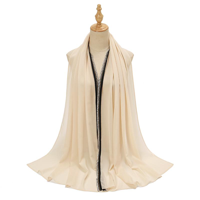 New Ramadan Chiffon Hijab Scarf With Pearls Beads Muslim Hijab With Chain Solid Long Shawls Headscarf Wraps Islamic Headband