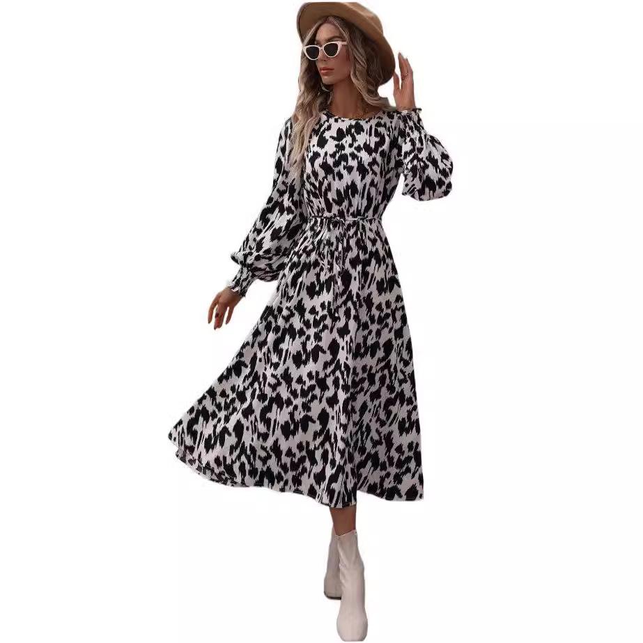 Europe, America, Autumn and Winter New Women's Clothing Leopard Print Lace-up Long-sleeved Pendulum Dress
