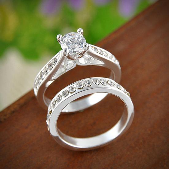 Women Engagement Wedding 2Pcs Ring Set Cubic Zirconia White Silver Plated Rings