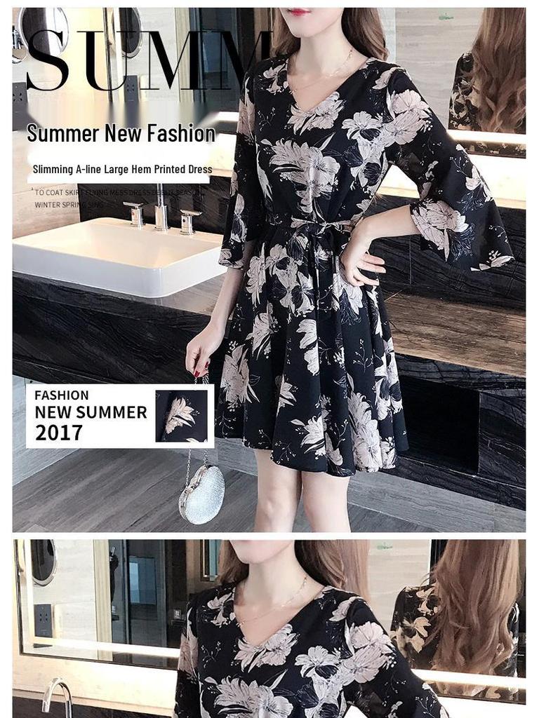 Trendiges Sommer 2019 Blumenmuster Schlankmachendes Koreanischer Stil Kleid für Frauen und Studentinnen