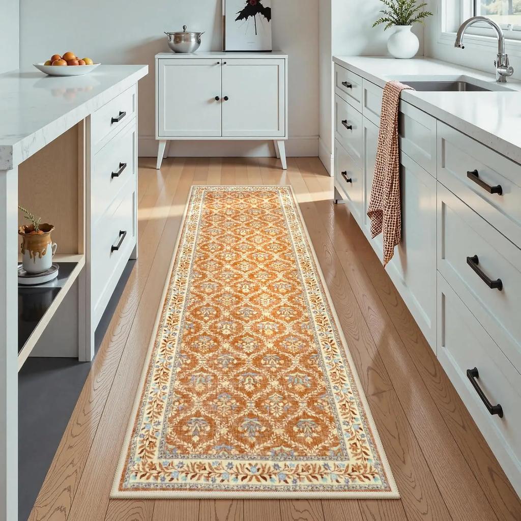 Traditioneller Blumenläufer Teppich Rosa Grün Muster Waschbarer Rutschfester Teppich für Flur Küche Korridor Eingangsbereich Heimdeko