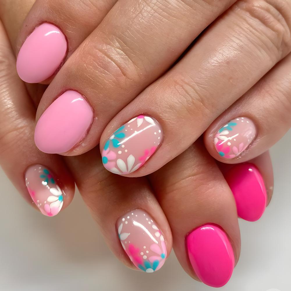 24Pcs Short Round Head Press on False Nails Yellow French 3D Flower Fake Nail for Woman Reusable Finished Full Cover Nails Tips