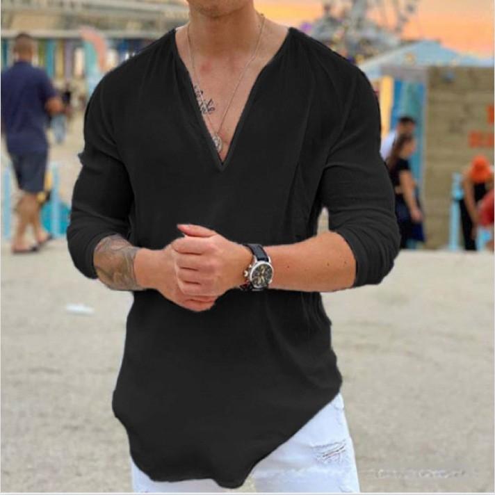 Men S Casual V Neck Long Sleeve Solid Color Shirt S чёрный