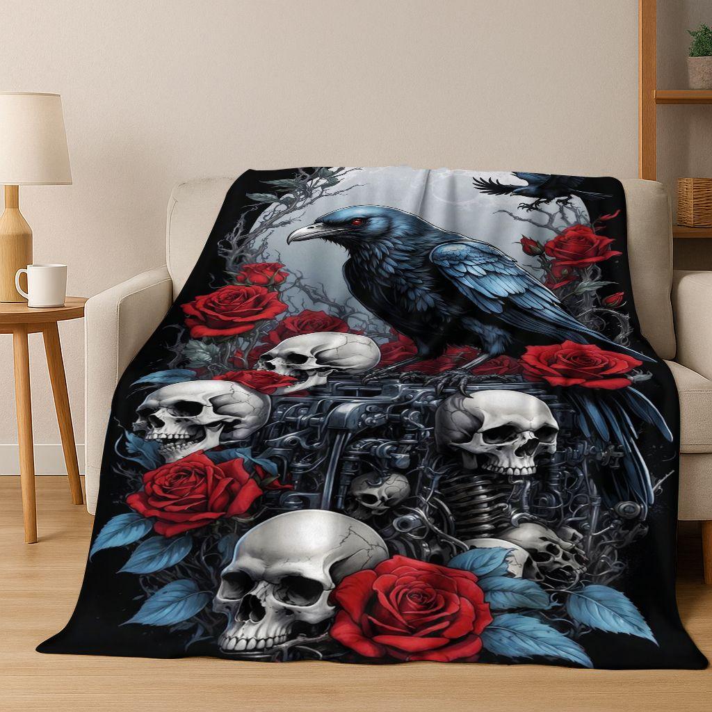 3D Viking Oding Raven Crow Skull Huginn Muninn Norse Flannel Blanket,Warm and Cozy Soft Throw Blanket for Home Bedroom Bed Sofa