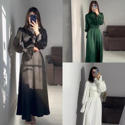 Spring and Autumn Lady Dresses Sleeve Skinny Waist Tand Collar Solid Colour A-line Pleated Shopping Commuter Party Prom Maxi Dresses