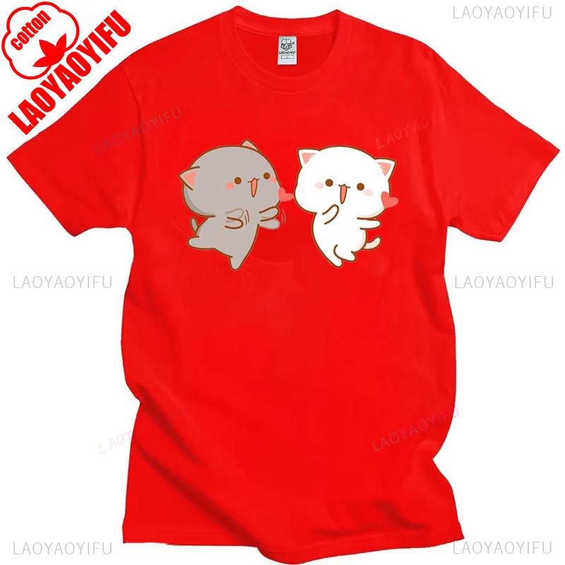 Pfirsich Katze Goma und Mochi Selfie T-Shirt Sommer Baumwolle Kurzarm T-Shirts Niedlicher Druck T-Shirt Mode Harajuku Lustige Partner Tops