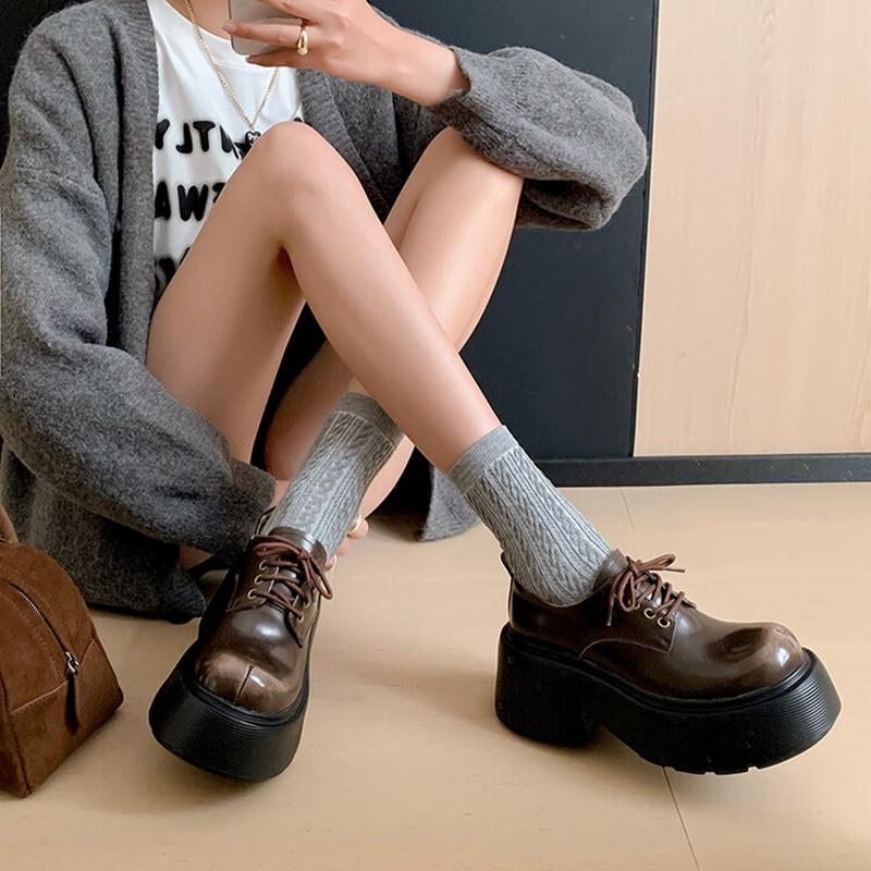 Fashion Women's new genuine leather cowhide thick soled waterproof platform high heels lace up college style single shoes casual shoes