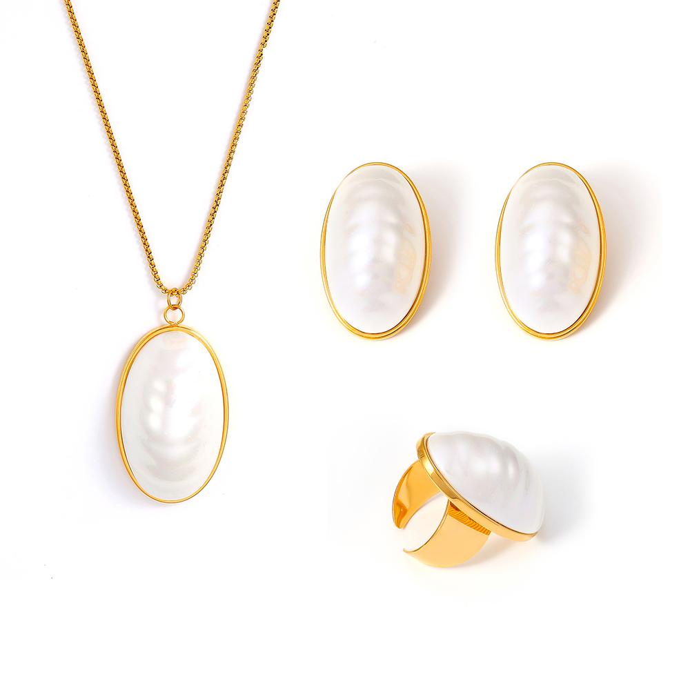 Oval Shell Pendant Necklace Open Ring Stud Earring For Women 18k Gold Plated Stainless Steel Chain Necklaces Rings Earrings Sets