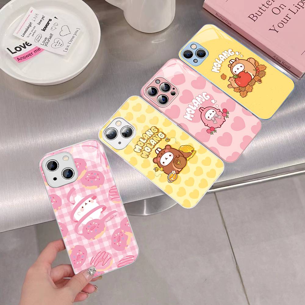 Kawaii Cute Rabbit M-MolangS Anime For IPhone 14 13 12 Mini 11 Pro XS Max X XR 14 Plus Tempered Glass Cover