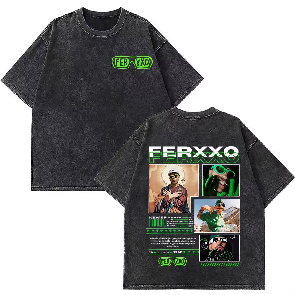 Rapper Feid Ferxxo Tour Print Vintage Washed Tshirts Men Women Fashion Hiphop Casual Loose Oversized Tshirt Fan Gifts Top