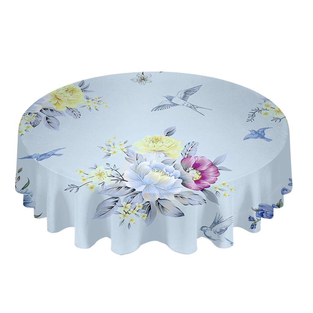 Waterproof Round Tablecloth Flower Bird Leaf Design For Wedding Party Dining Table Cover Decoration