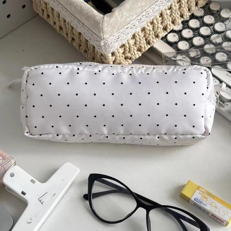 Polka Dot Pencil Case Large Capacity Bow Decor Zipper Closure Stationery Pouch for Students School Exam Office Storage