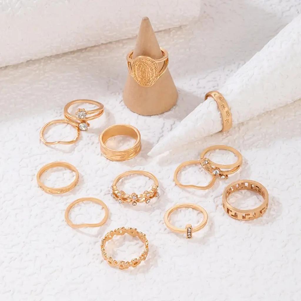 13-piece Set of Ladies' Rings - Simple Virgin Mary Pattern Joint Rings - Small Flowers and Leaves - 13-piece Set of Ring Finger Rings