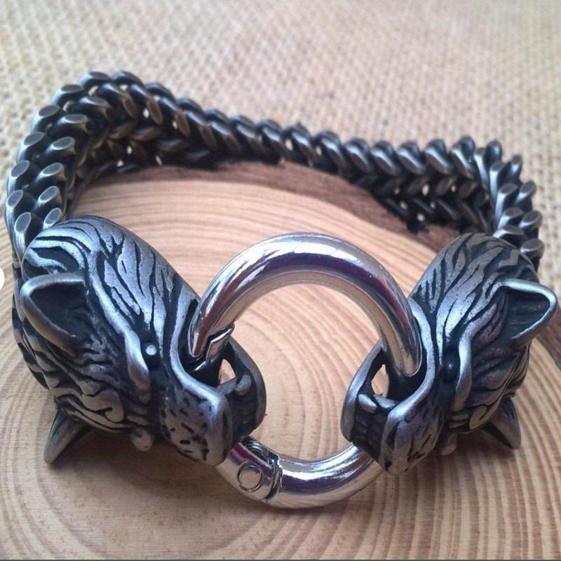 Viking High Quality Stainless Steel Fenrir Wolf Odins Wolf Men's Double Foxtail Mesh Bracelet Nordic Men's Amulet Jewelry