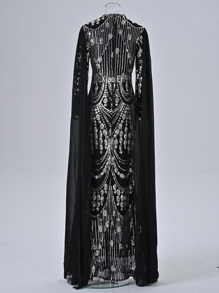Elegantes grenzüberschreitendes Pailletten-Abendkleid mit langen Ärmeln für Damen